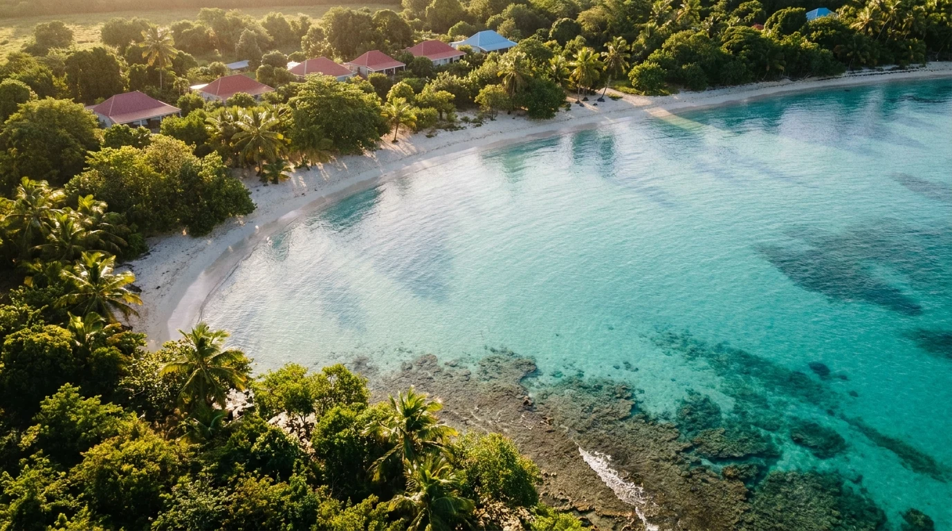 Vue aérienne de la côte sud de la Guadeloupe au lever du jour — illustration d'un premier projet d'investissement immobilier serein.