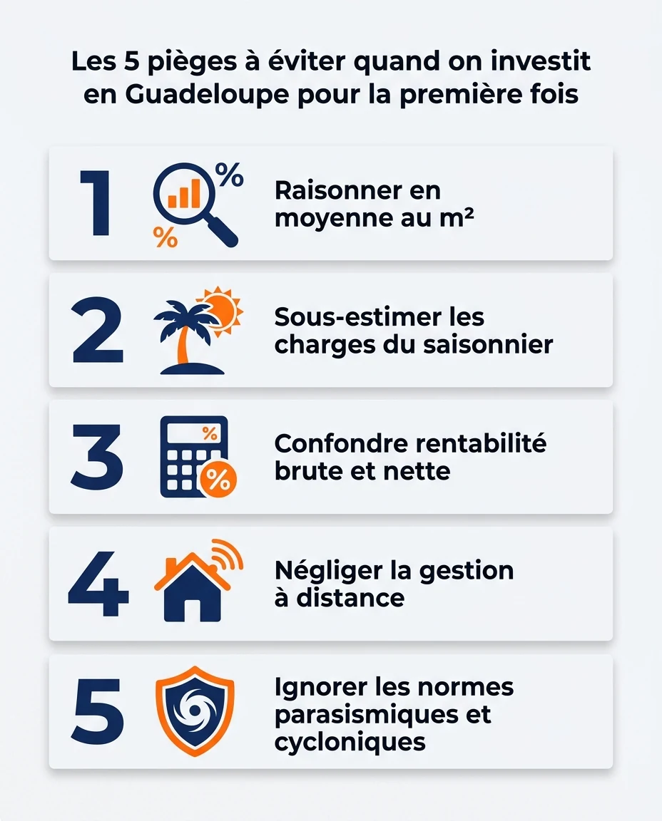 Infographie illustrant : Infographie verticale Les 5 pièges à éviter quand on investit en Guadeloupe pour la première fois — format portrait, fon. Article Mouve