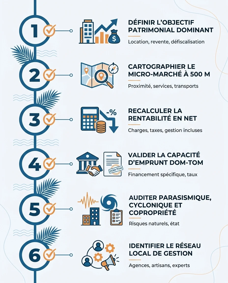 Infographie illustrant : Checklist visuelle Le bon réflexe à chaque étape — format portrait, fond clair. Frise verticale de 6 étapes d'achat avec. Article Mouve