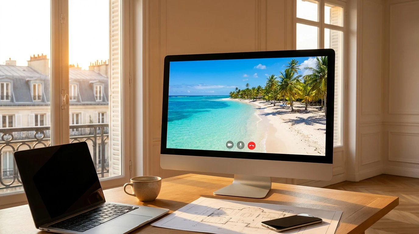 Bureau à domicile en métropole avec écran affichant la côte guadeloupéenne en visioconférence — illustration de l'achat immobilier à distance en Guadeloupe.