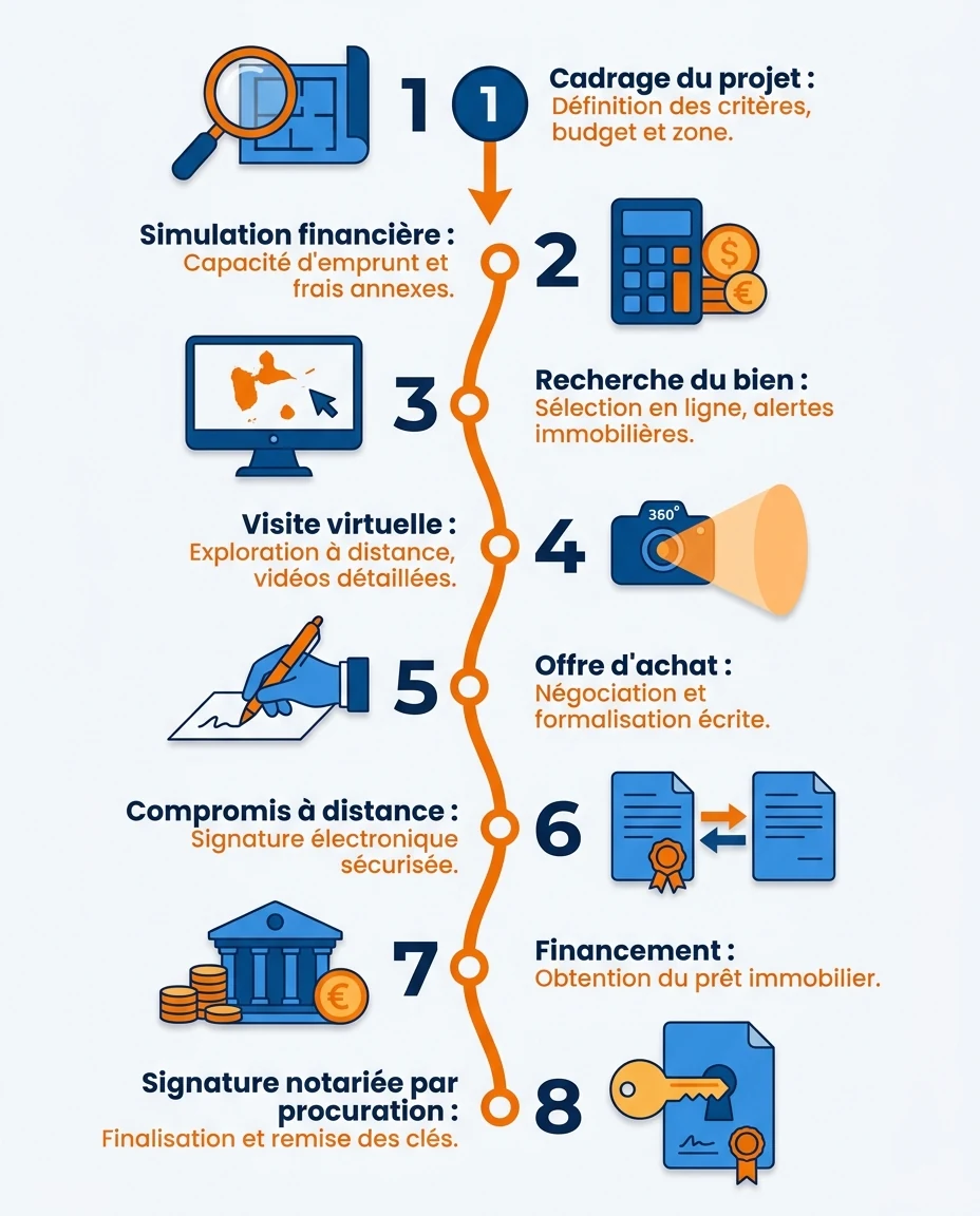 Infographie illustrant : Schéma vertical du parcours d'achat immobilier en Guadeloupe depuis la métropole, en 8 étapes claires reliées par une li. Article Mouve