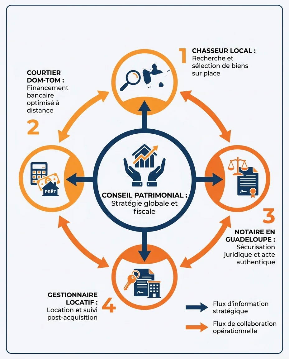 Infographie illustrant : Schéma circulaire représentant les 5 acteurs clés d'un achat immobilier à distance en Guadeloupe : conseil patrimonial a. Article Mouve