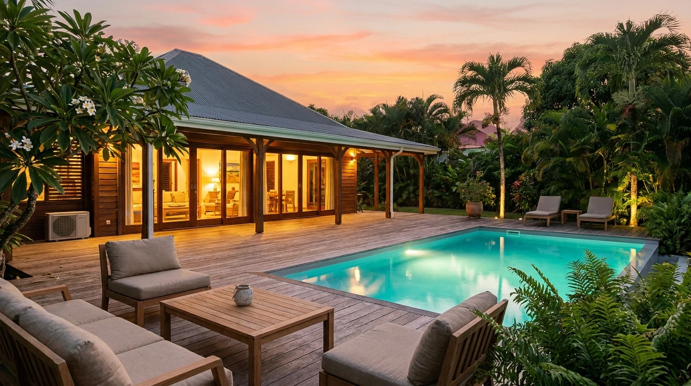 Villa créole haut de gamme avec terrasse et piscine en Guadeloupe au crépuscule — illustration d'un meublé touristique conforme au cadre réglementaire 2026.