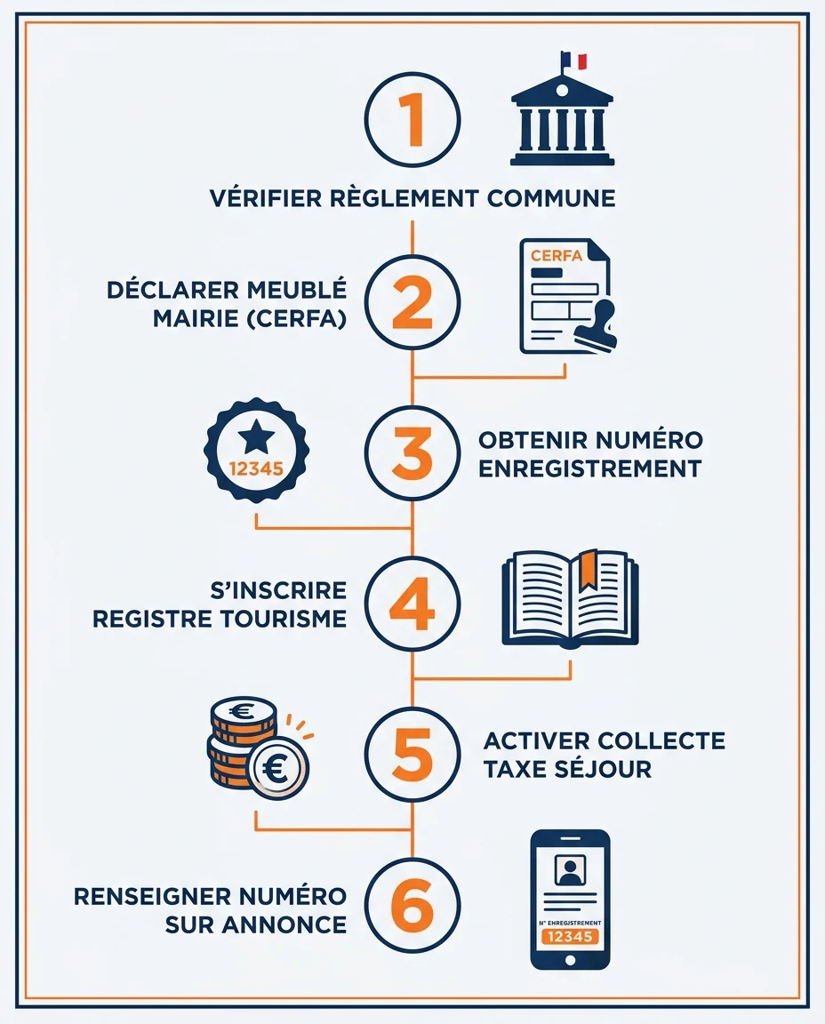 Infographie illustrant : Workflow vertical en 6 étapes pour mettre en conformité un Airbnb en Guadeloupe : 1) Vérifier le règlement de la commune. Article Mouve