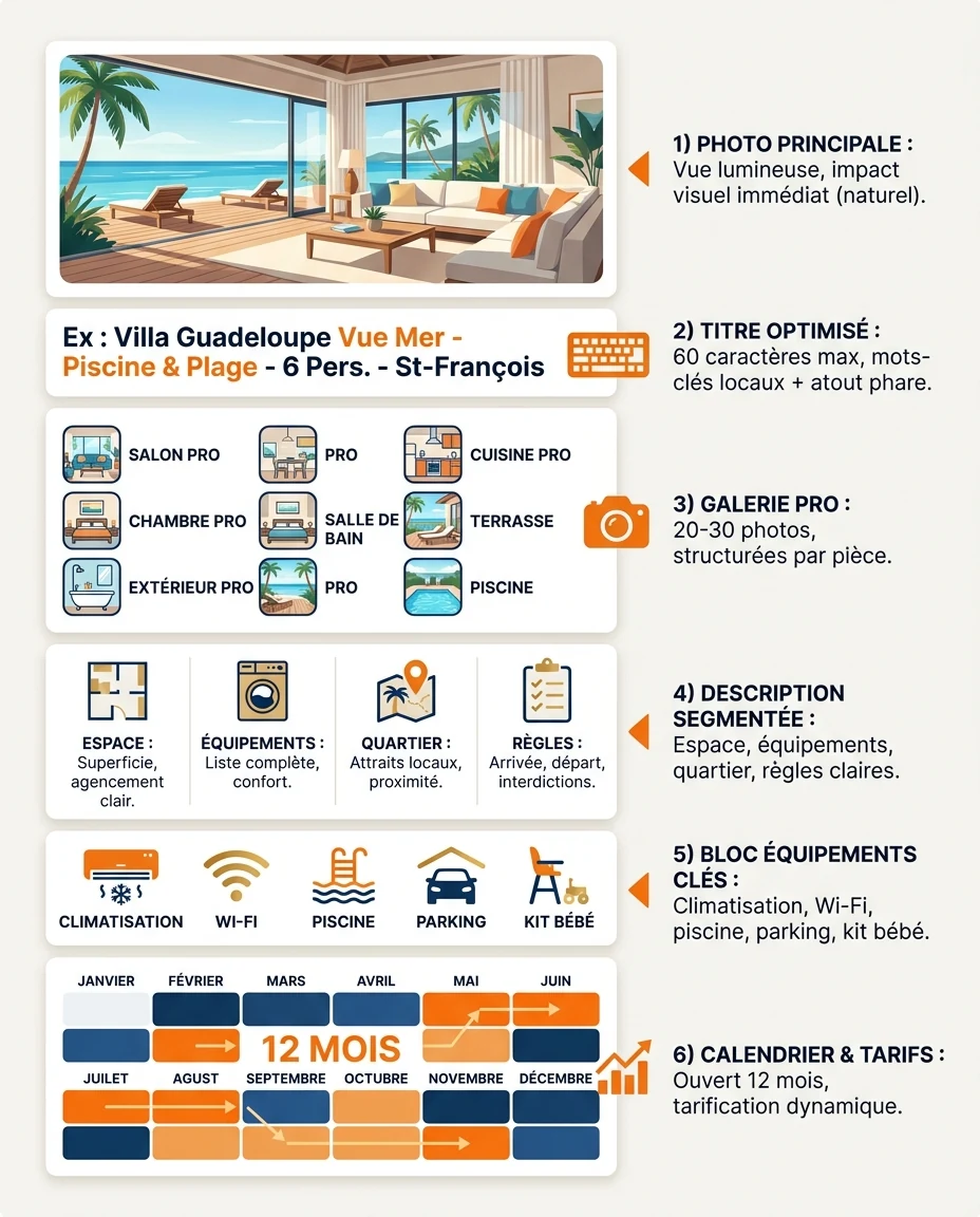 Infographie illustrant : Anatomie éditoriale d'une annonce Airbnb performante en Guadeloupe, présentée comme une fiche illustrée verticale avec 6. Article Mouve