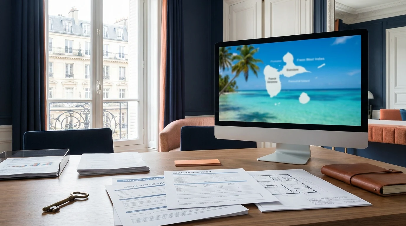 Investisseur métropolitain analysant son dossier d'assurance emprunteur pour un crédit immobilier DOM-TOM dans un bureau parisien.