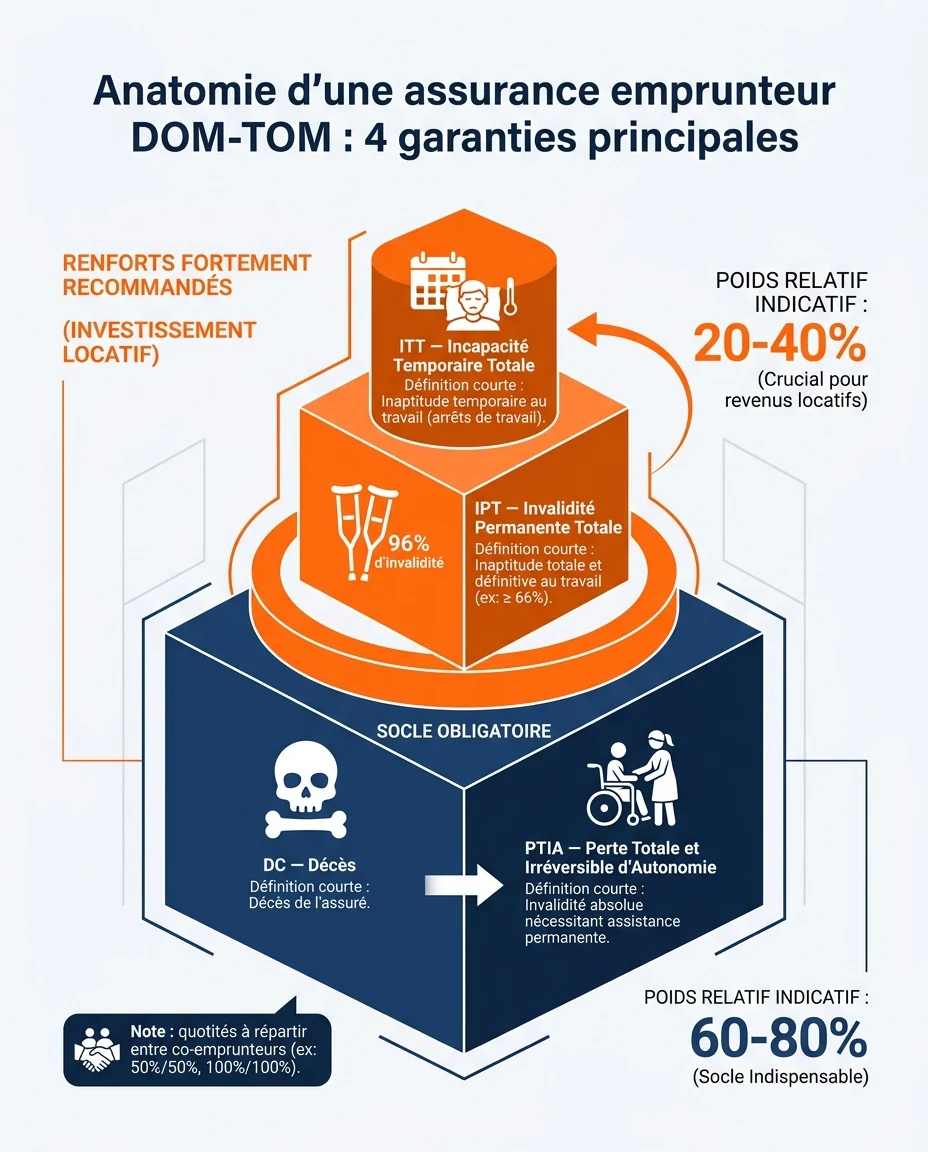 Infographie illustrant : Anatomie d'une assurance emprunteur DOM-TOM. Schéma pédagogique présentant les 4 garanties principales (DC — décès, PTIA. Article Mouve