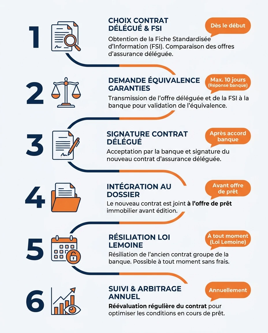 Infographie illustrant : Timeline horizontale présentant les 5-6 étapes clés de la délégation d'assurance emprunteur sous le régime Loi Lemoine 2. Article Mouve