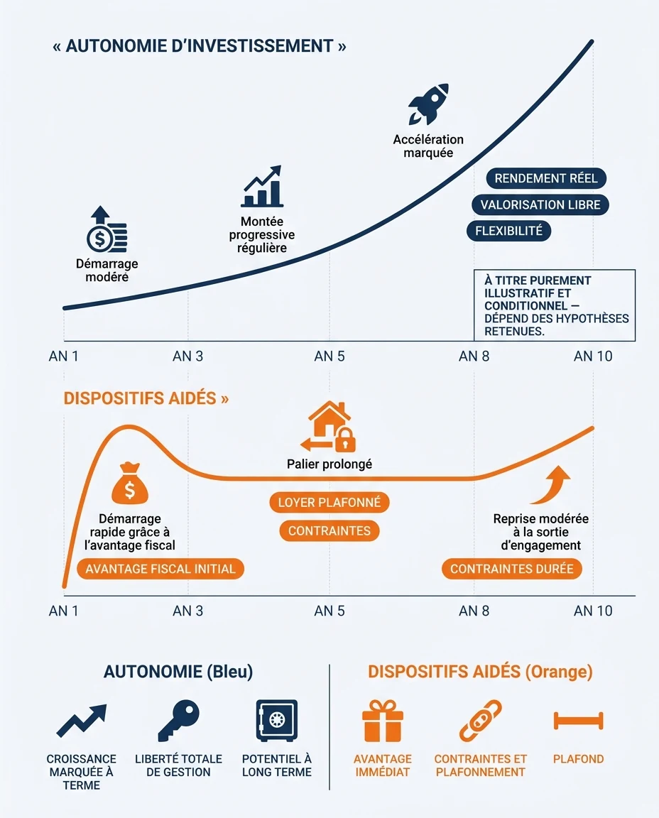 Infographie illustrant : Projection illustrative et conditionnelle sur 10 ans — autonomie d'investissement vs dispositifs aidés. Schéma horizonta. Article Mouve