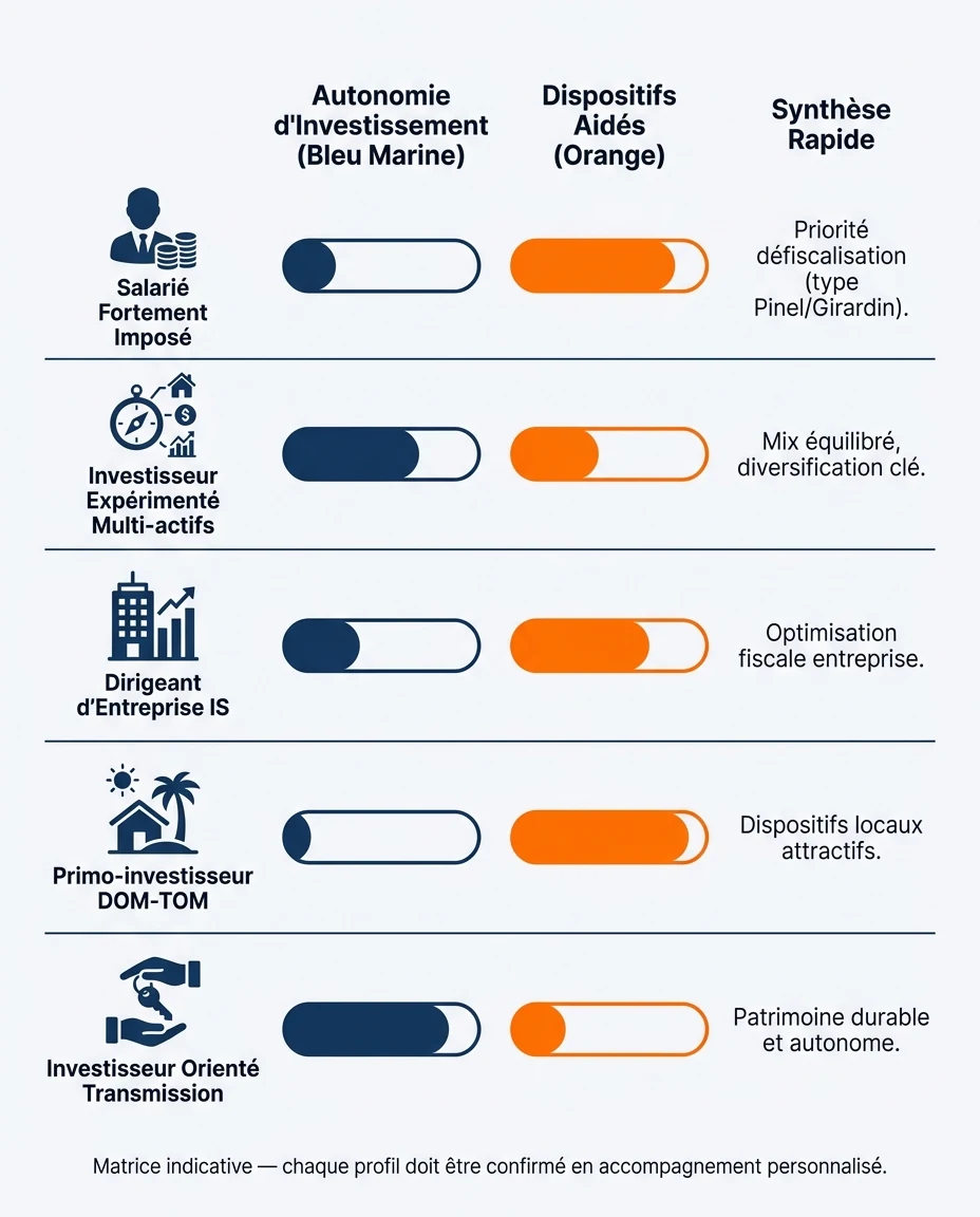 Infographie illustrant : Matrice profil investisseur × stratégie recommandée. Tableau visuel pédagogique en 5 lignes profils × 2 colonnes princip. Article Mouve