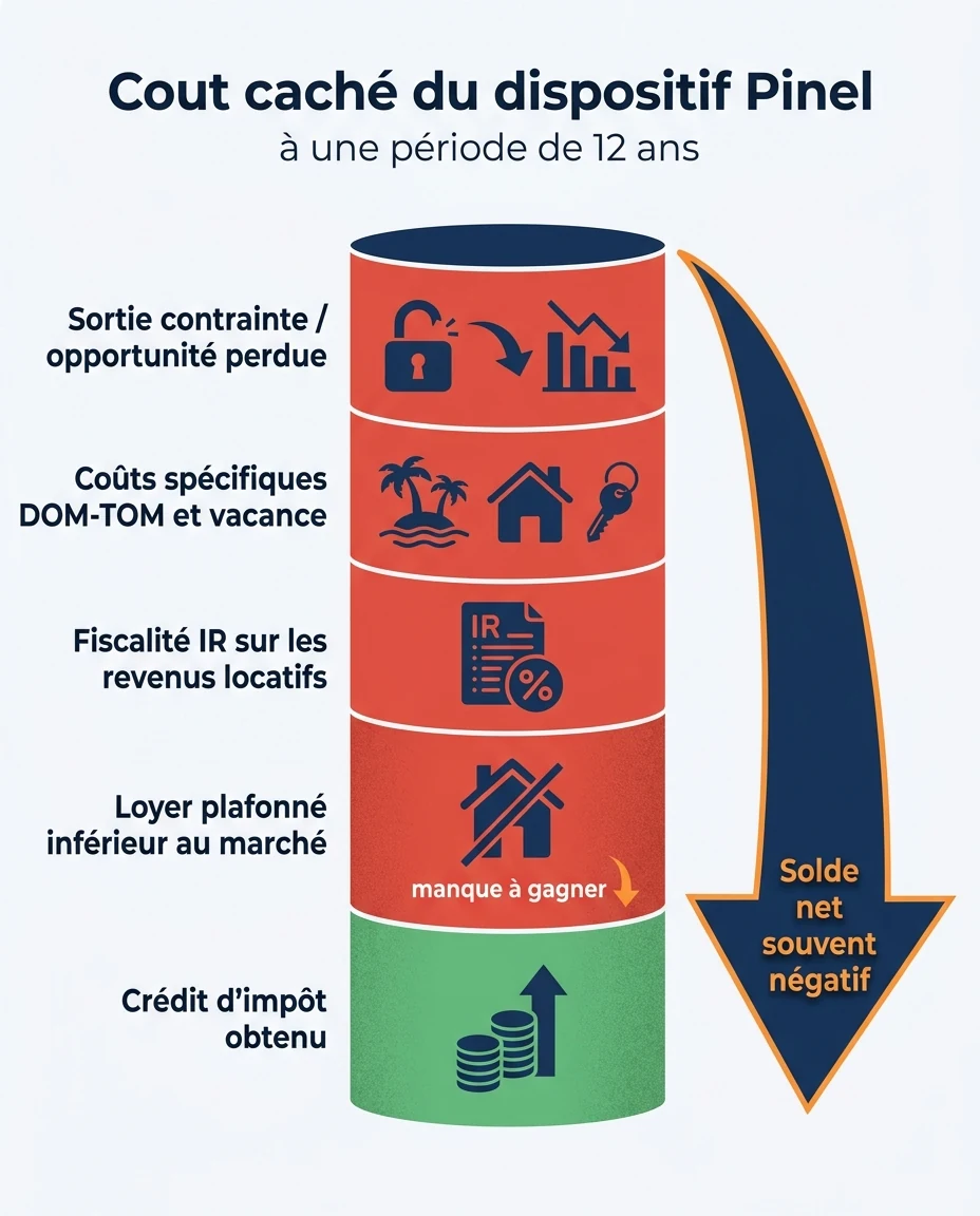 Infographie illustrant : Schéma pédagogique en français représentant le coût caché du Pinel sur 12 ans, en colonnes empilées illustratives sans c. Article Mouve