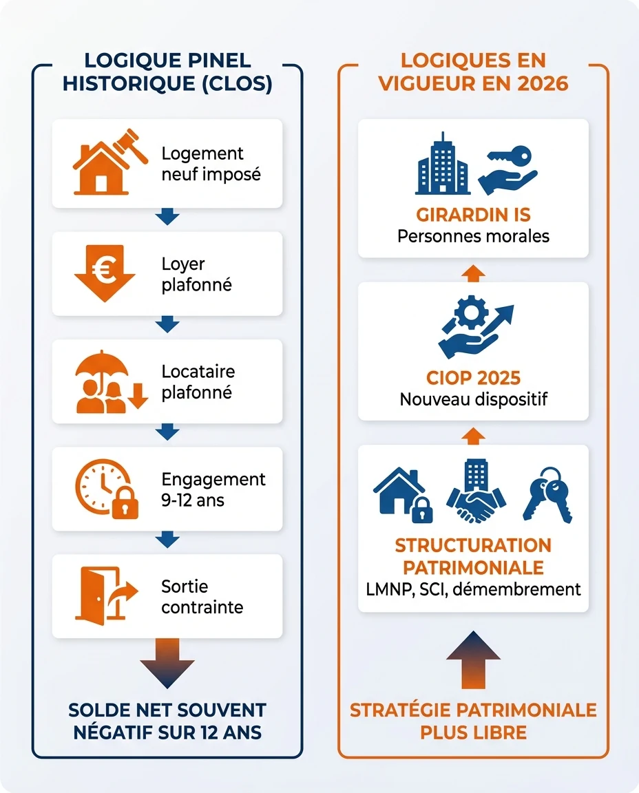 Infographie illustrant : Schéma comparatif visuel en deux colonnes en français, sans aucun chiffre précis. Colonne gauche 'Logique Pinel historiq. Article Mouve