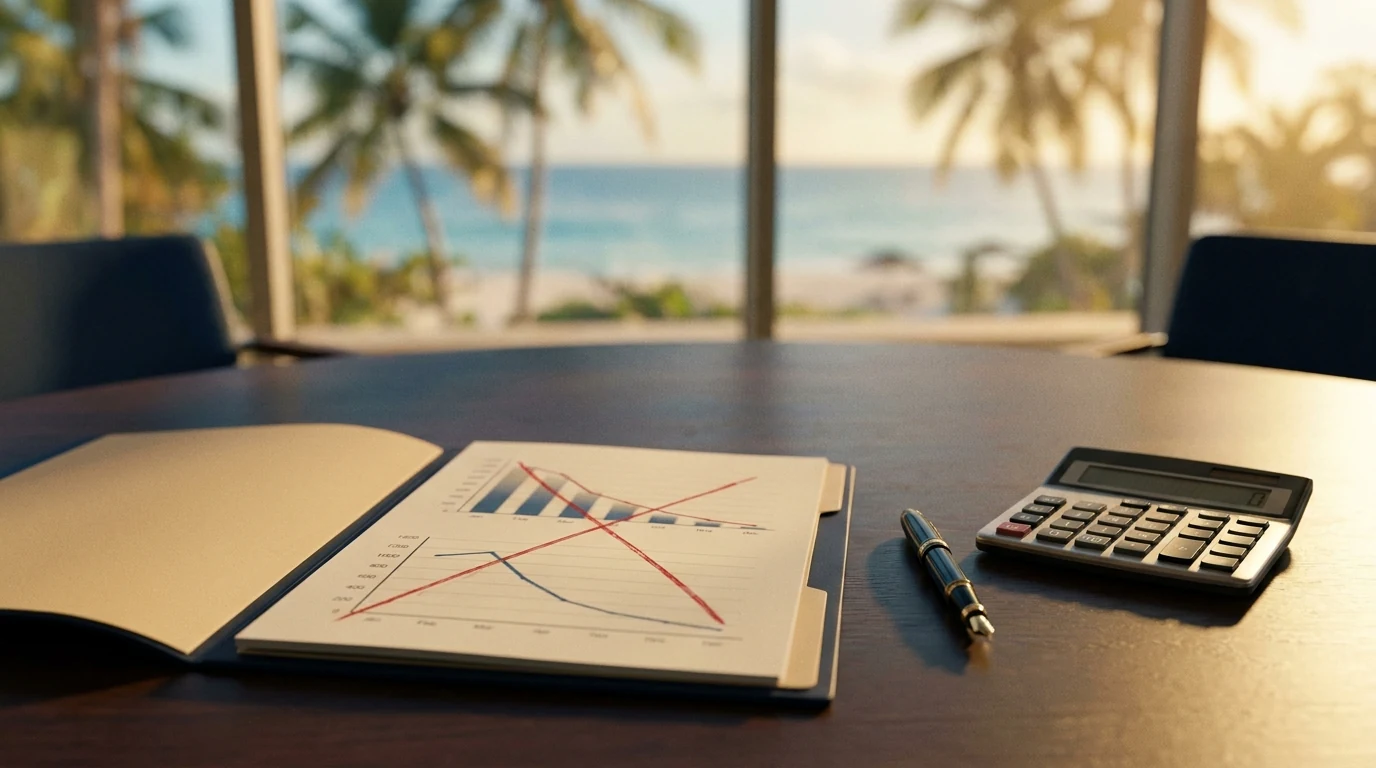 Mise en scène symbolique de l'audit chiffré d'un Pinel Outre-Mer en cours d'engagement, avec dossier ouvert et courbes annotées.