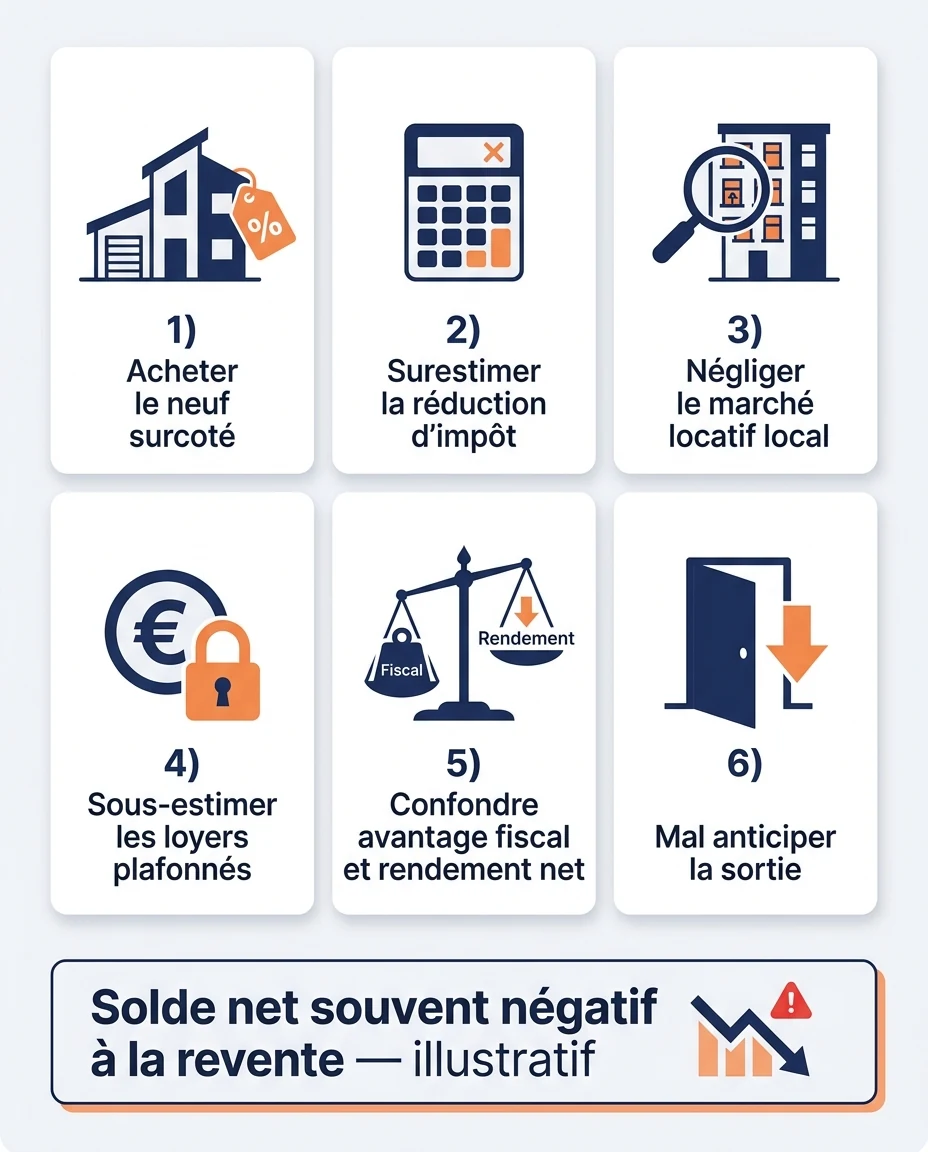 Infographie illustrant : Infographie pédagogique en français présentant les 6 erreurs fatales des investisseurs Pinel sous forme de typologie en . Article Mouve