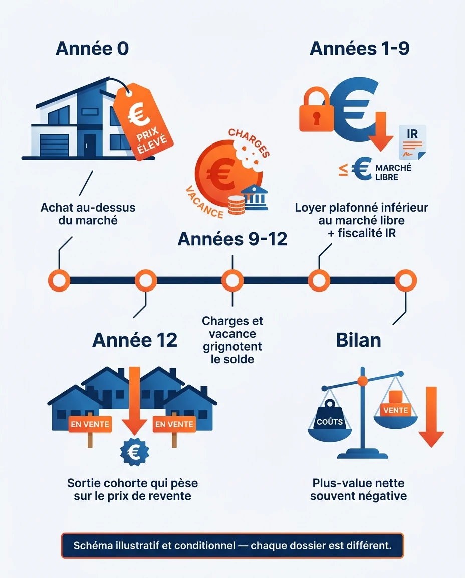 Infographie illustrant : Timeline horizontale en français illustrant une revente à perte typique d'un Pinel sur 12 ans, sans aucun chiffre précis. Article Mouve