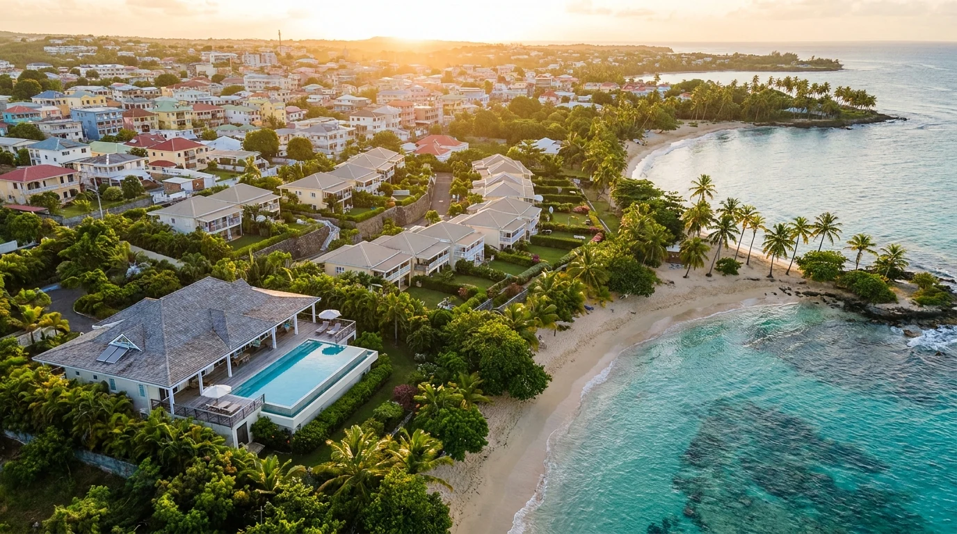 Vue aérienne de la côte sud-est de la Guadeloupe au lever du jour, illustrant les trois typologies d'un portefeuille-type d'investissement locatif.