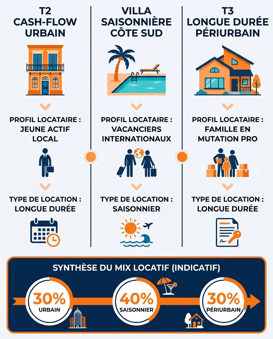 Infographie illustrant : Anatomie d'un portefeuille-type de 3 biens en Guadeloupe. Schéma horizontal avec trois colonnes claires. Colonne 1 : T2 . Article Mouve