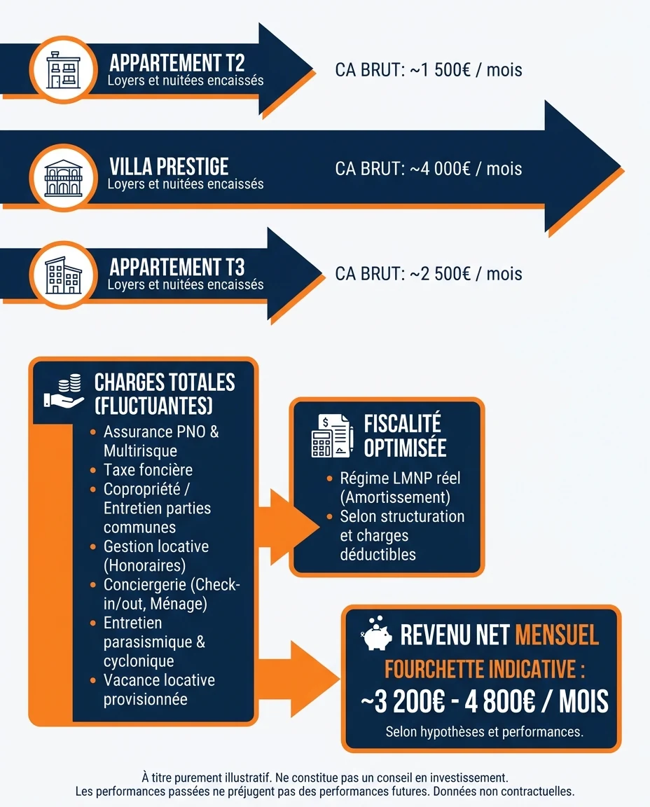Infographie illustrant : Mécanique du revenu net d'un portefeuille-type. Schéma en flux horizontal de gauche à droite. À gauche, trois flèches d'. Article Mouve
