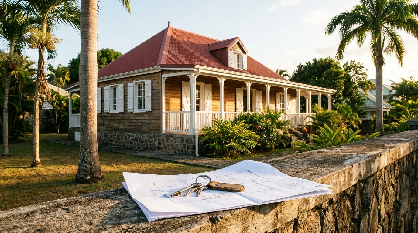 Maison créole rénovée en Guadeloupe — illustration d'un projet immobilier financé après validation bancaire complète.