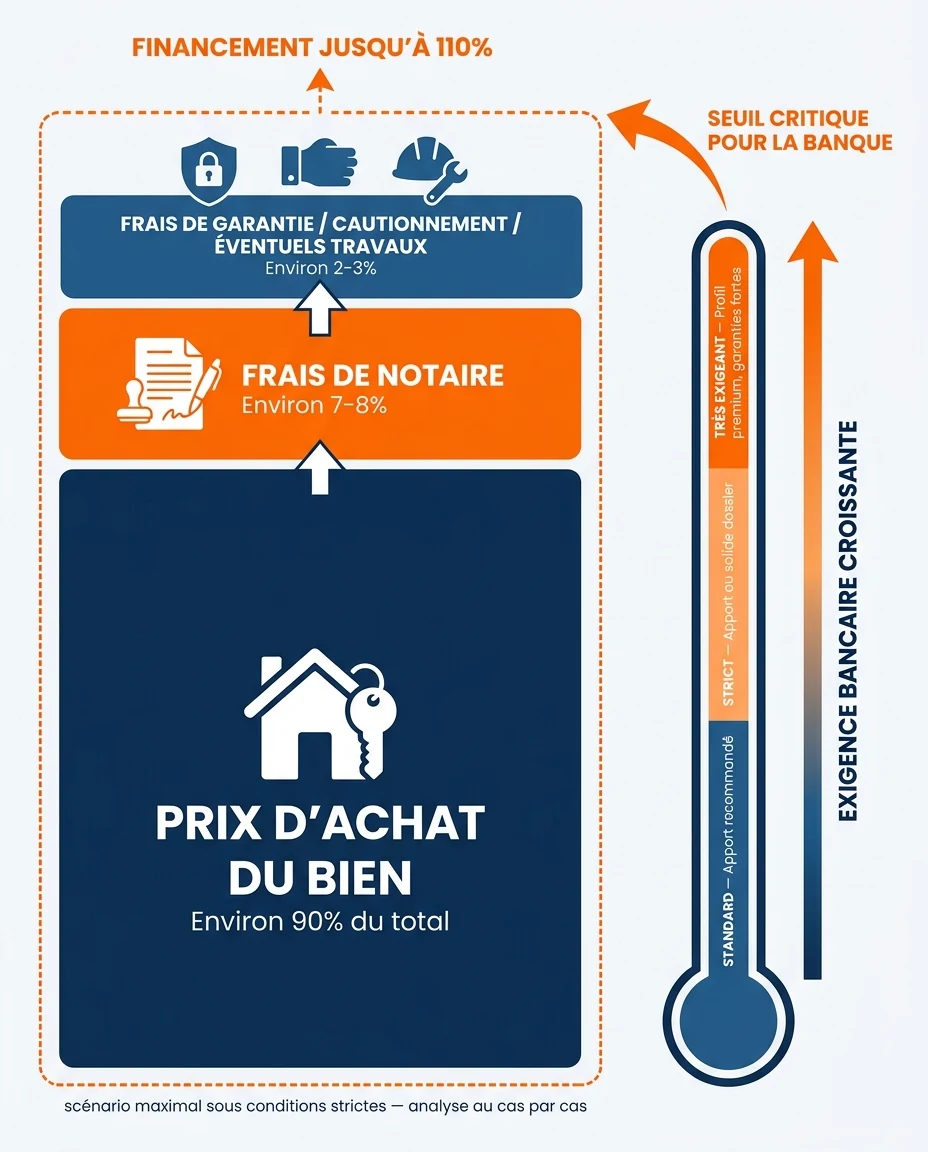 Infographie illustrant : Anatomie d'un financement étendu jusqu'à 110 % en Guadeloupe — visuel pédagogique illustratif. Schéma vertical avec troi. Article Mouve