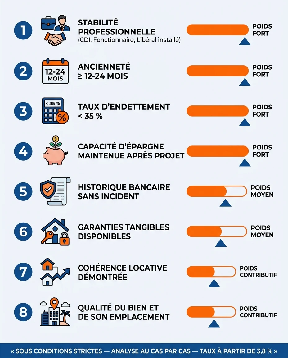 Infographie illustrant : Profil-type d'un dossier qui PEUT décrocher un financement étendu jusqu'à 110 % en DOM-TOM — checklist visuelle. Visuel . Article Mouve