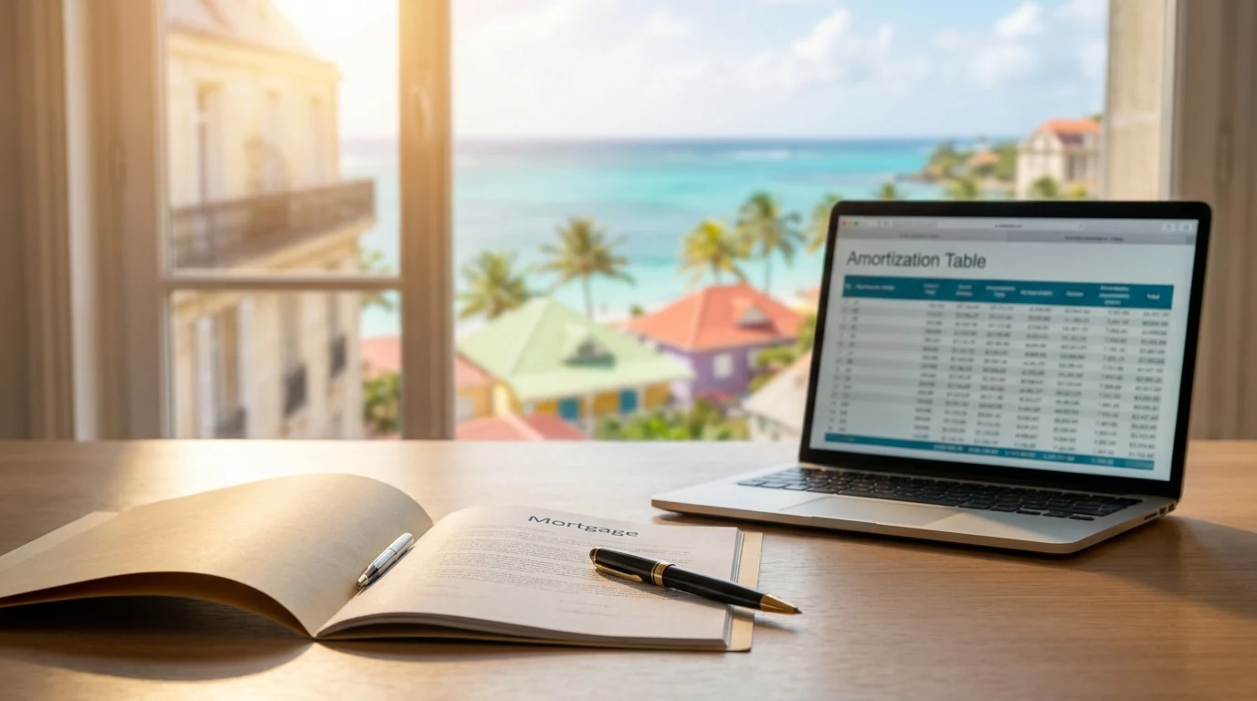 Dossier de financement immobilier sur un bureau parisien avec en arrière-plan la côte de la Guadeloupe — illustration du parcours d'un crédit DOM-TOM depuis la