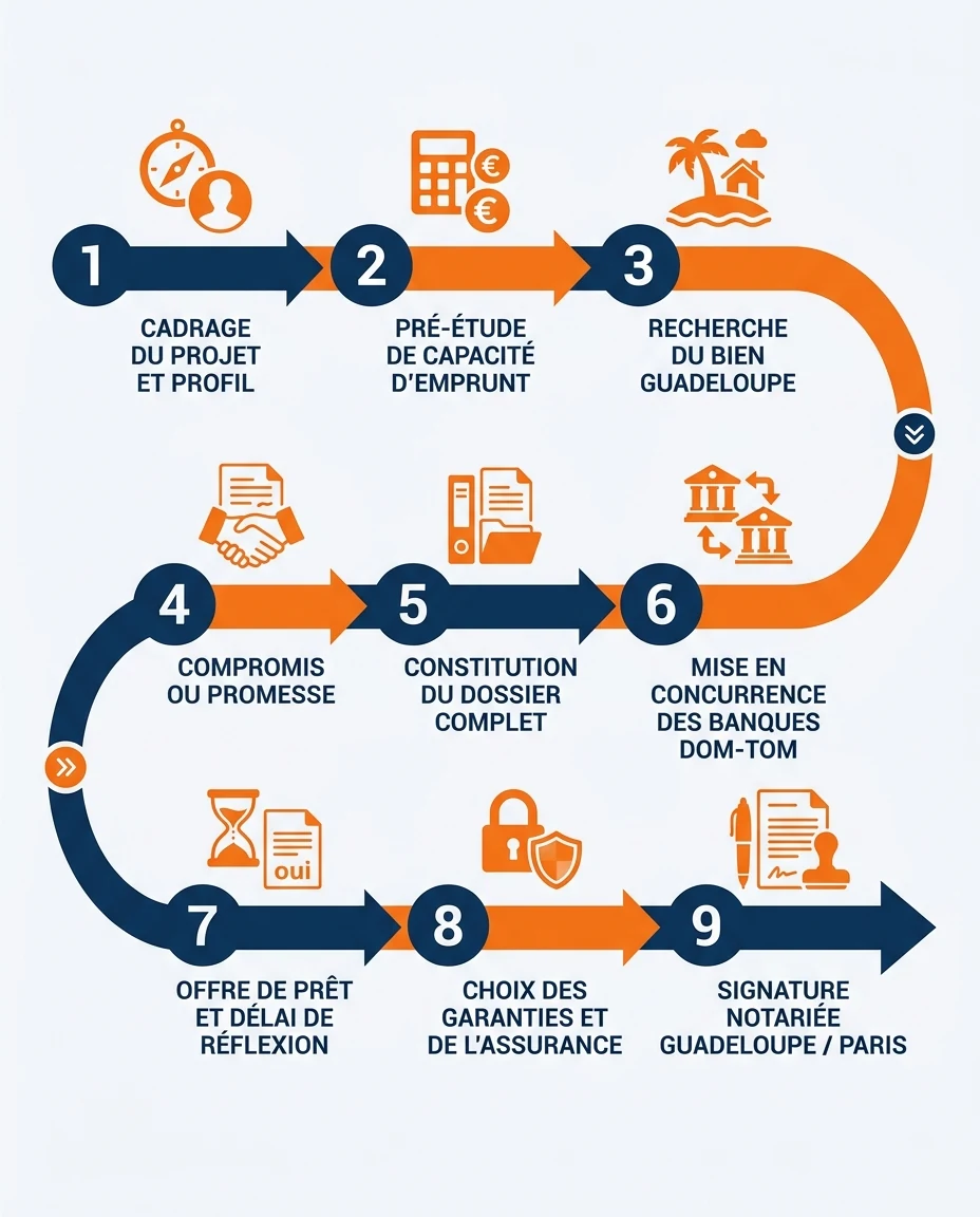 Infographie illustrant : Timeline du parcours de financement Paris-Guadeloupe en 9 étapes. Visuel horizontal en flèche progressive, chaque étape . Article Mouve