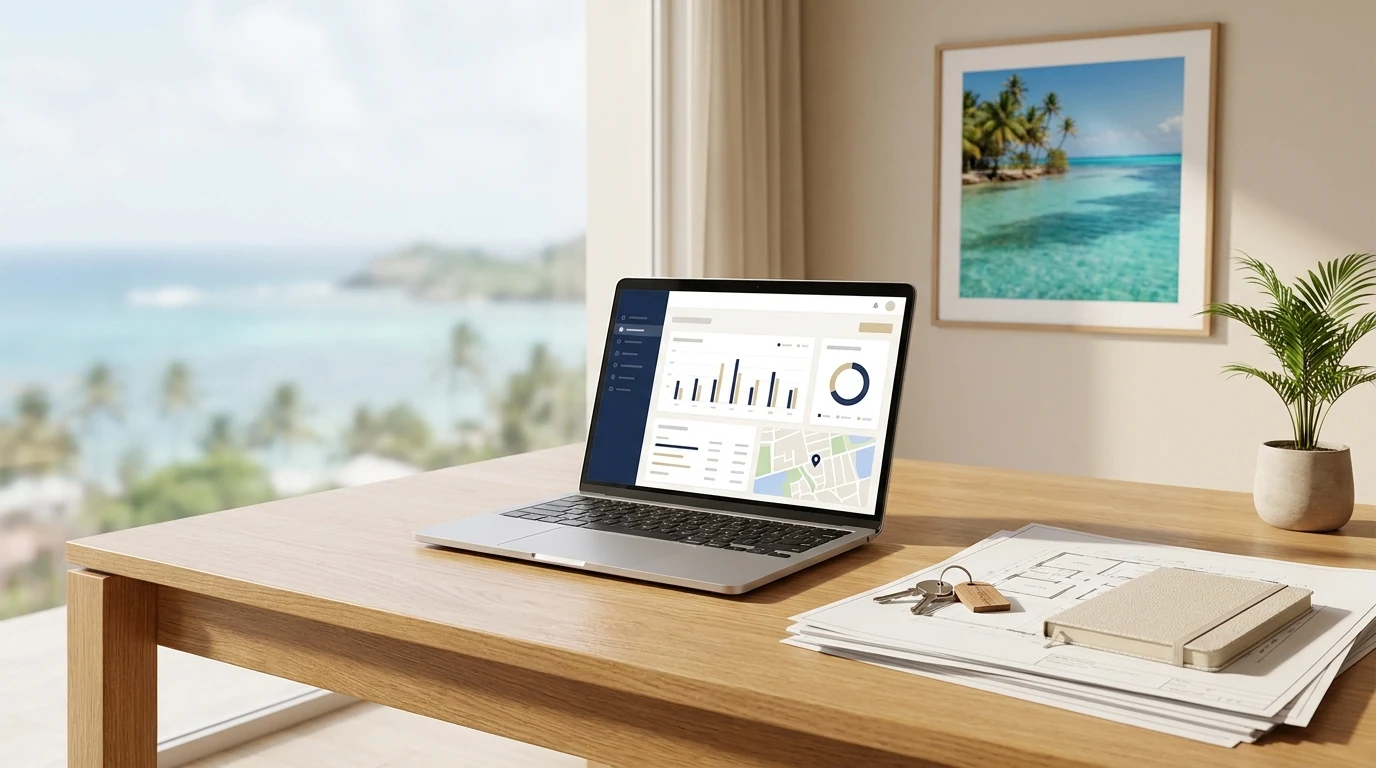 Investisseur métropolitain pilotant à distance un bien immobilier en Guadeloupe depuis son bureau — illustration de la gestion locative sereine.