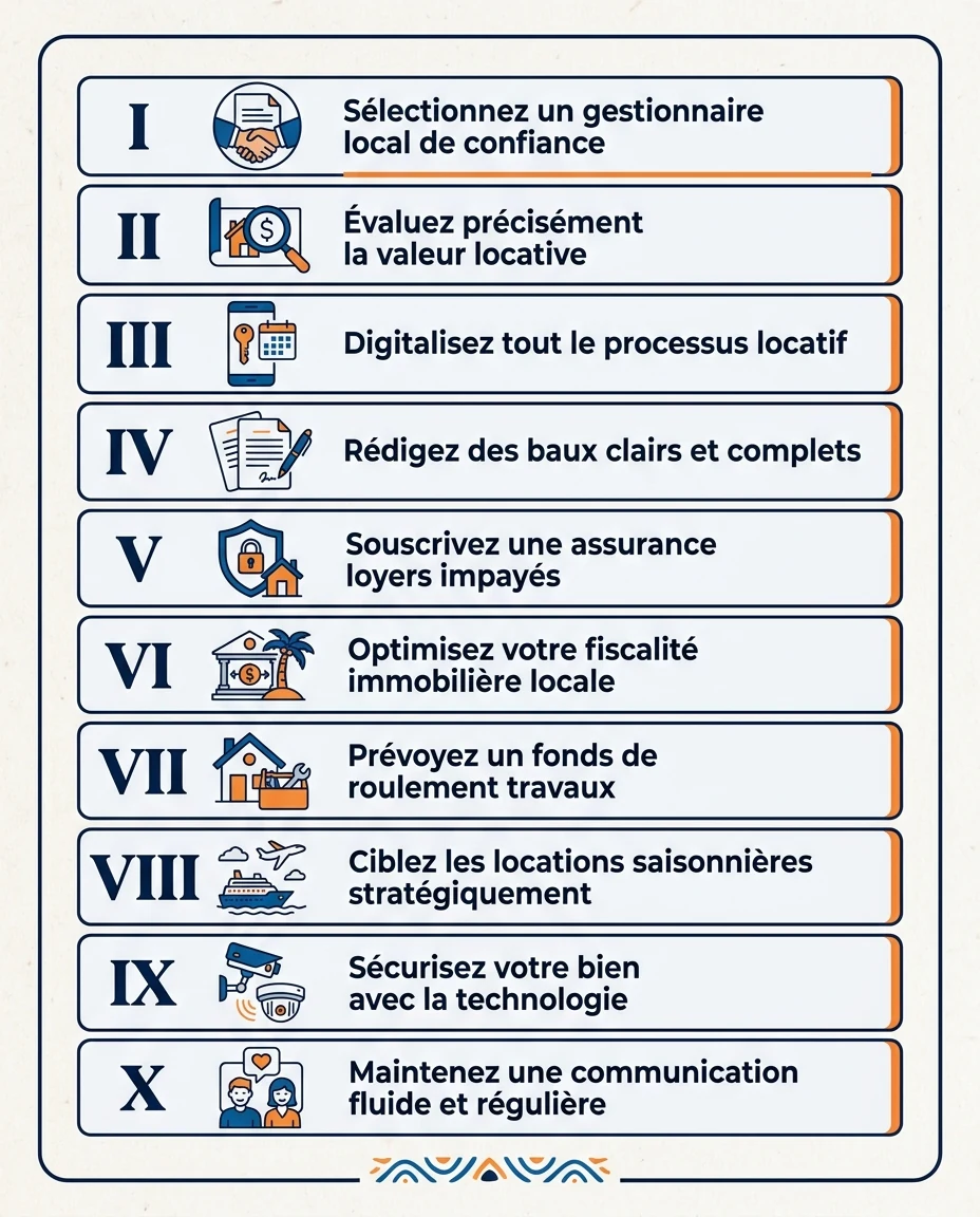 Infographie illustrant : Liste verticale éditoriale des 10 commandements de la gestion locative à distance en Guadeloupe. Chaque commandement est. Article Mouve