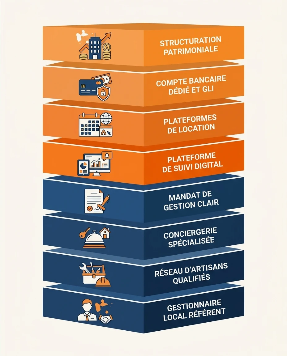 Infographie illustrant : Empilement vertical en stack des outils et partenaires pour piloter un bien à distance depuis la métropole vers la Guade. Article Mouve