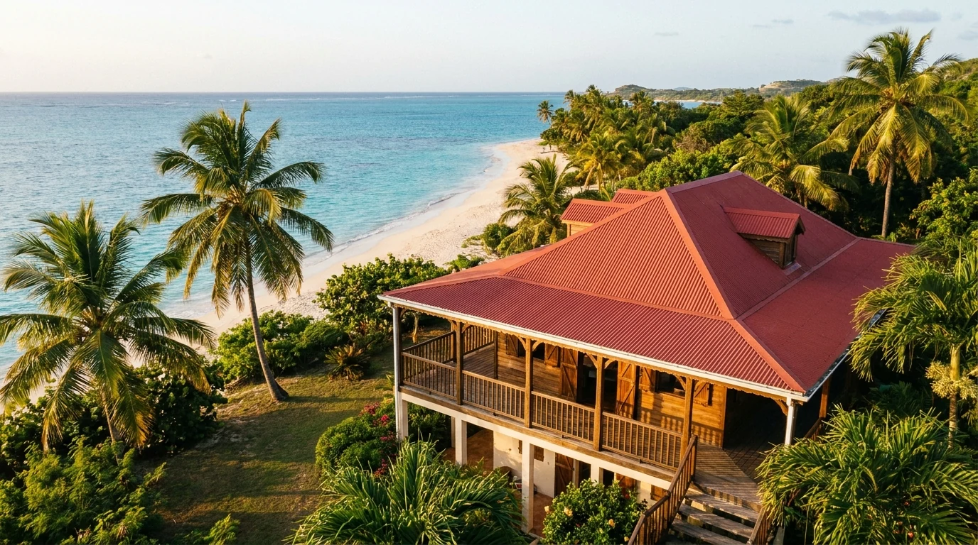 Illustration éditoriale : Photographie éditoriale réaliste illustrant l'investissement immobilier DOM-TOM : côte ou architecture créole de Guadeloupe (Pointe-à-