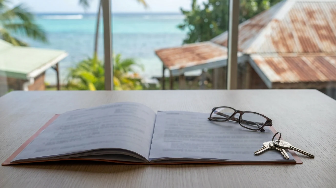 Dossier de crédit immobilier examiné sur un bureau avec vue sur la côte guadeloupéenne en arrière-plan — illustration du financement DOM-TOM sans apport.
