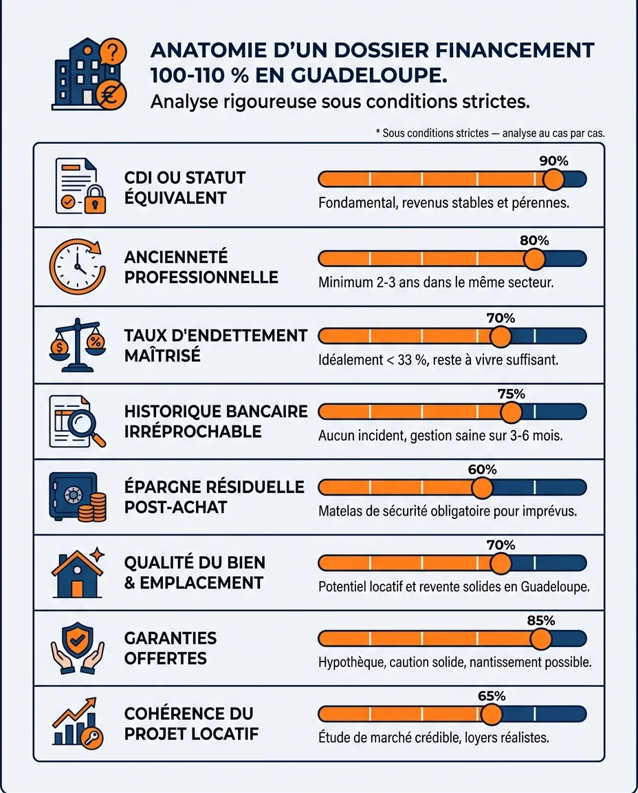 Infographie illustrant : Anatomie d'un dossier qui peut prétendre à un financement 100 à 110 % en Guadeloupe sous conditions strictes. Visuel péd. Article Mouve