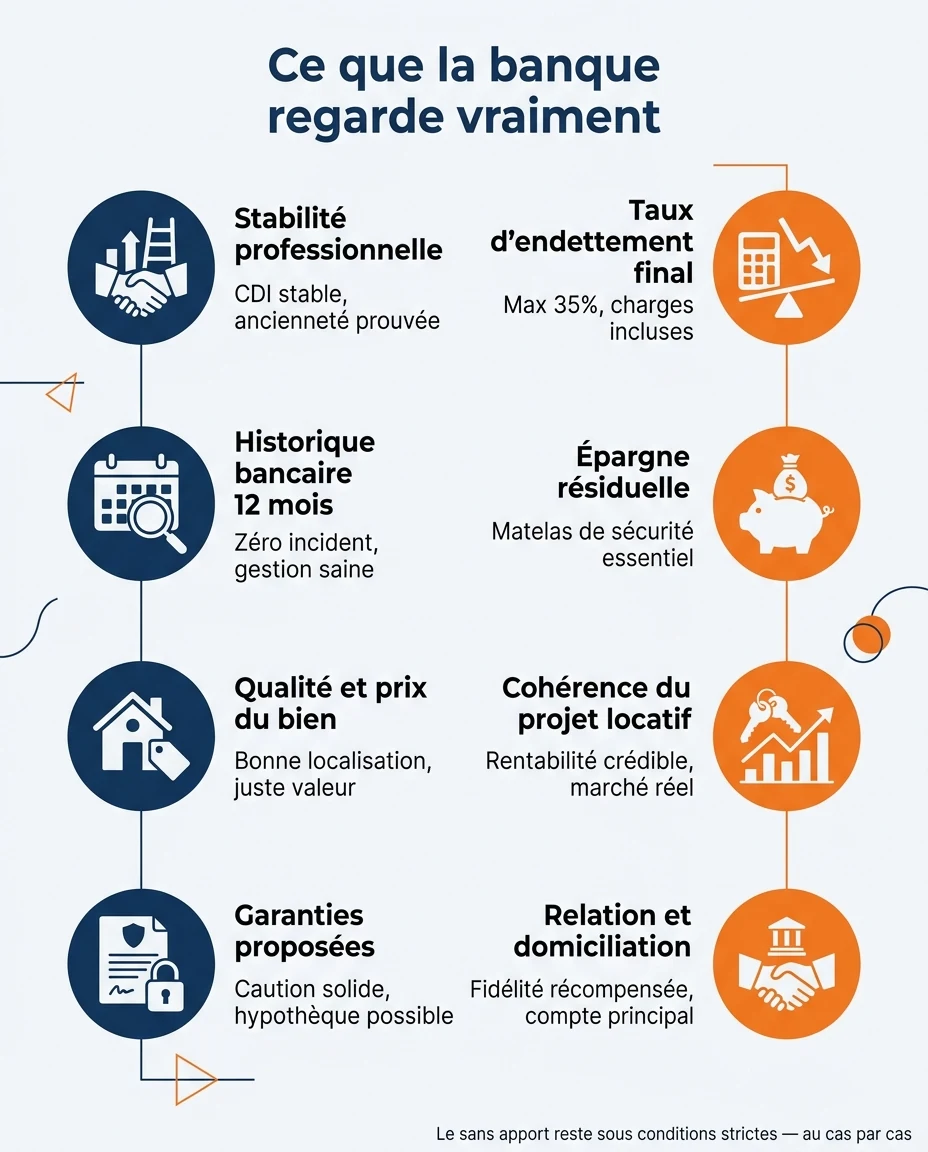 Infographie illustrant : Visuel pédagogique « Ce que la banque regarde vraiment » en 6 à 8 points clés : stabilité professionnelle, taux d'endett. Article Mouve