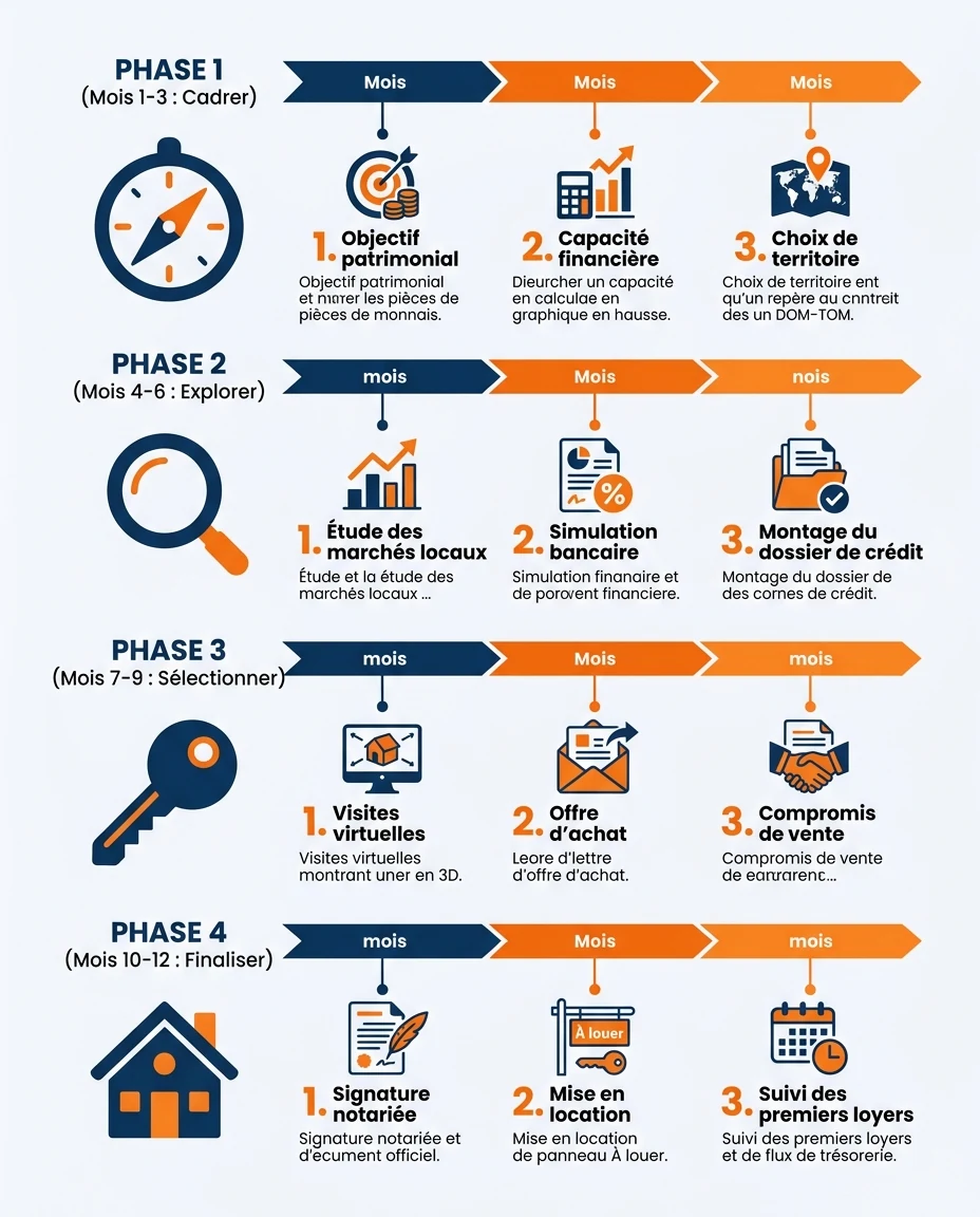 Infographie illustrant : Timeline visuelle horizontale de la première année d'investissement immobilier DOM-TOM, en 4 phases trimestrielles. Phas. Article Mouve
