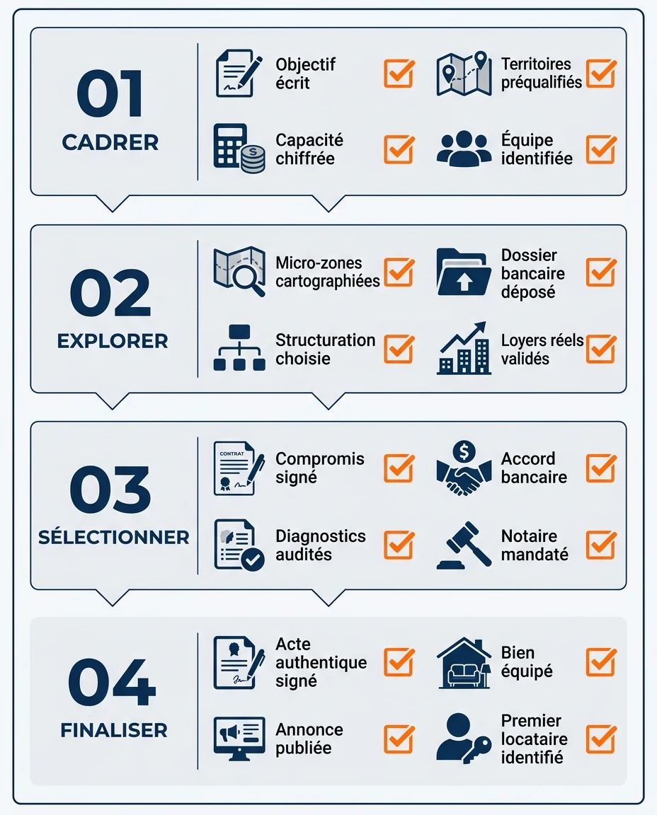 Infographie illustrant : Checklist verticale 'Ce qui doit être en place fin de chaque trimestre' — format portrait, fond clair. 4 blocs empilés a. Article Mouve