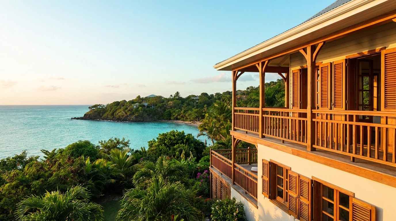 Illustration éditoriale : Photographie éditoriale réaliste illustrant l'investissement immobilier DOM-TOM : côte ou architecture créole de Guadeloupe (Pointe-à-