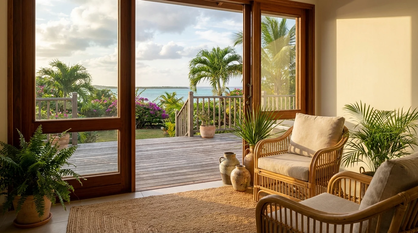 Intérieur premium d'une villa saisonnière en Guadeloupe ouverte sur la mer — illustration de la stratégie de location Airbnb haut de gamme.