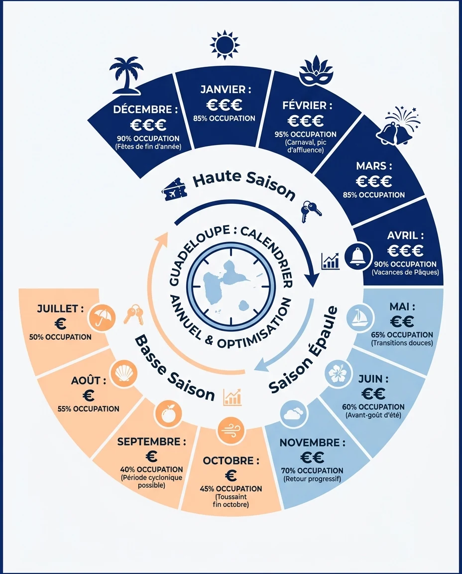 Infographie illustrant : Calendrier annuel circulaire ou linéaire de la Guadeloupe avec 12 mois (janvier à décembre), divisé visuellement en troi. Article Mouve