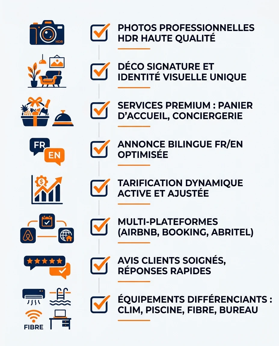 Infographie illustrant : Checklist verticale éditoriale type boosters de revenus pour maximiser le RevPAR d'une location saisonnière en Guadeloup. Article Mouve