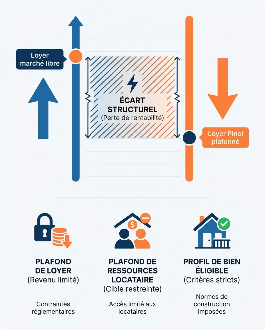 Infographie illustrant : Schéma pédagogique illustrant la mécanique des plafonds de loyer Pinel Outre-Mer face au loyer de marché libre. À gauche. Article Mouve