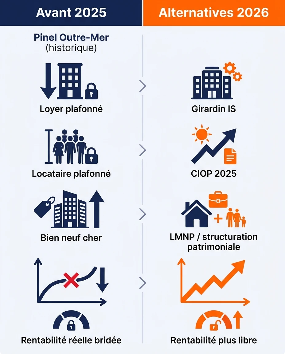 Infographie illustrant : Visuel comparatif 'Avant 2025 vs 2026' sous forme de deux colonnes. Colonne gauche 'Pinel Outre-Mer (historique)' avec 3. Article Mouve