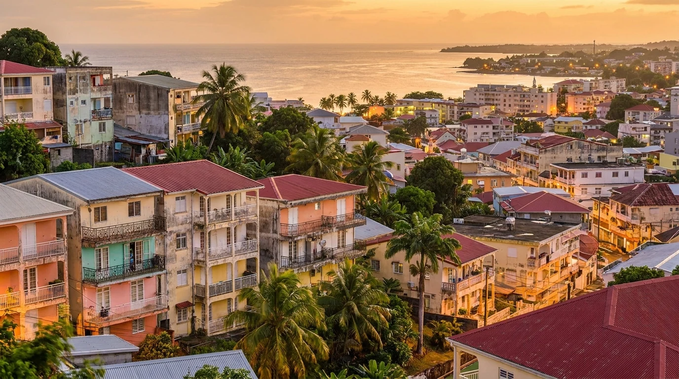 Vue urbaine de l'agglomération de Pointe-à-Pitre au crépuscule — illustration du marché locatif de la Guadeloupe en 2026.