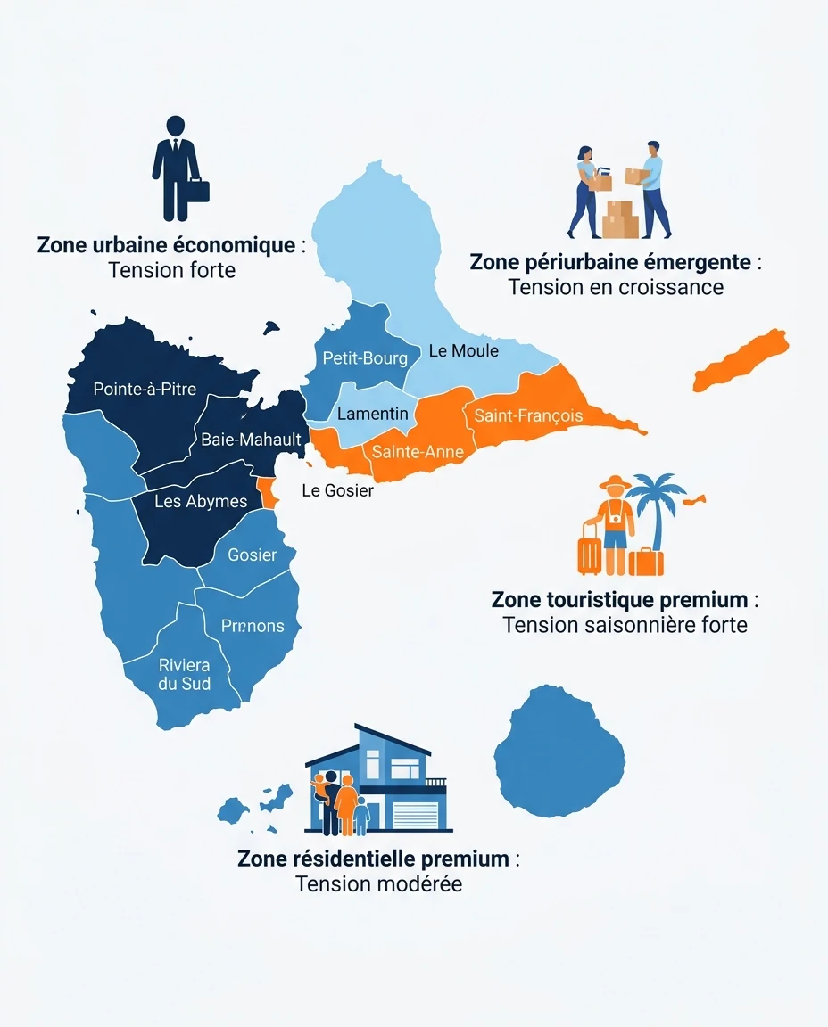 Infographie illustrant : Carte thématique de la Guadeloupe avec quatre grandes zones colorées par niveau de tension locative — zone urbaine écono. Article Mouve