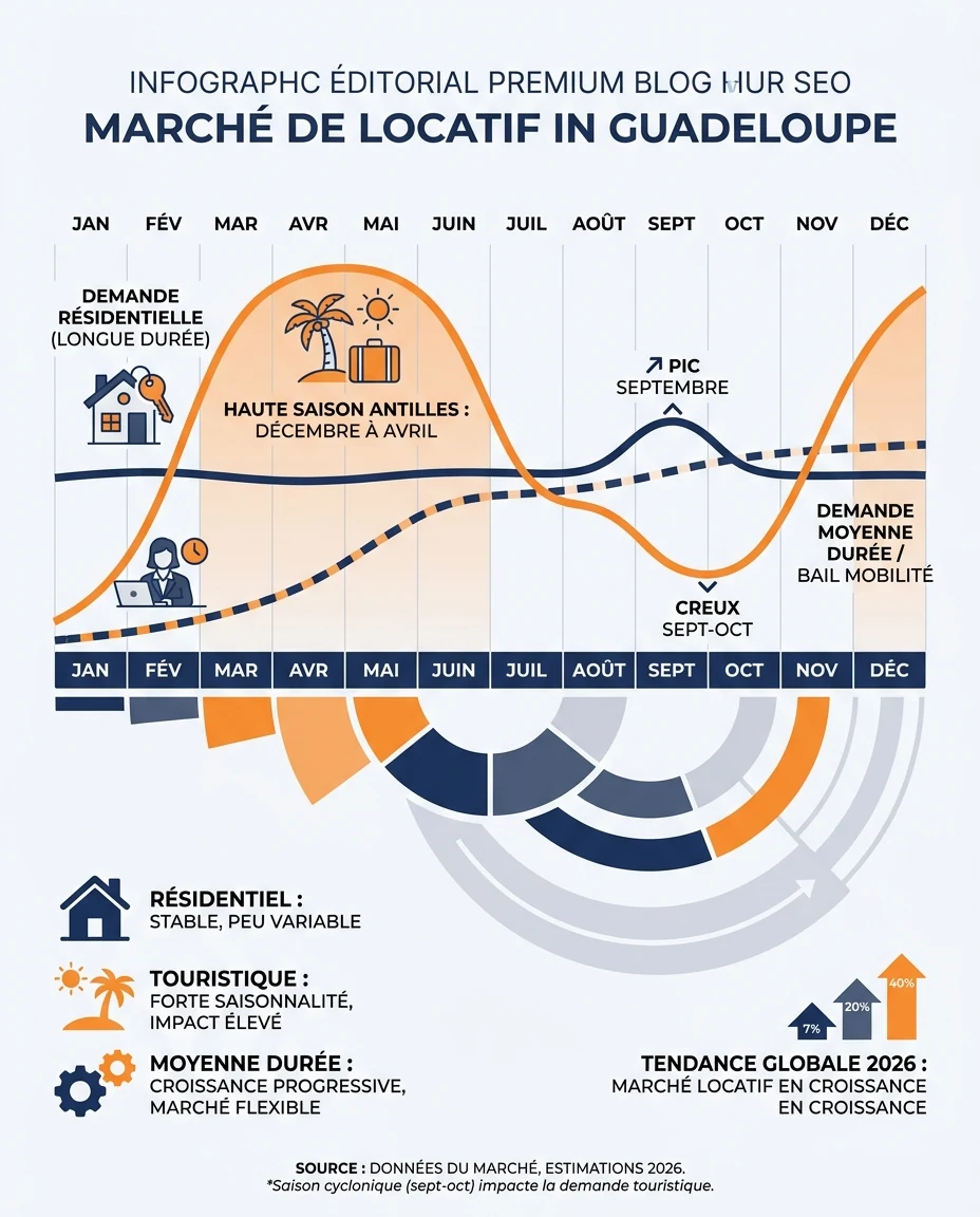 Infographie illustrant : Cycle annuel de la demande locative en Guadeloupe sous forme de graphique circulaire ou de timeline horizontale sur 12 m. Article Mouve