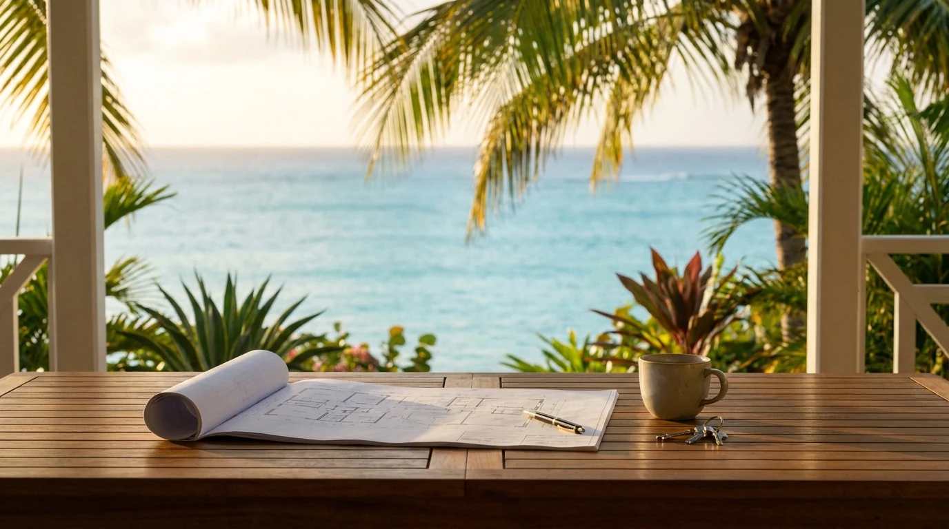 Table de négociation immobilière sur une terrasse créole face à la mer en Guadeloupe — illustration des tactiques pour négocier le prix d'un bien.