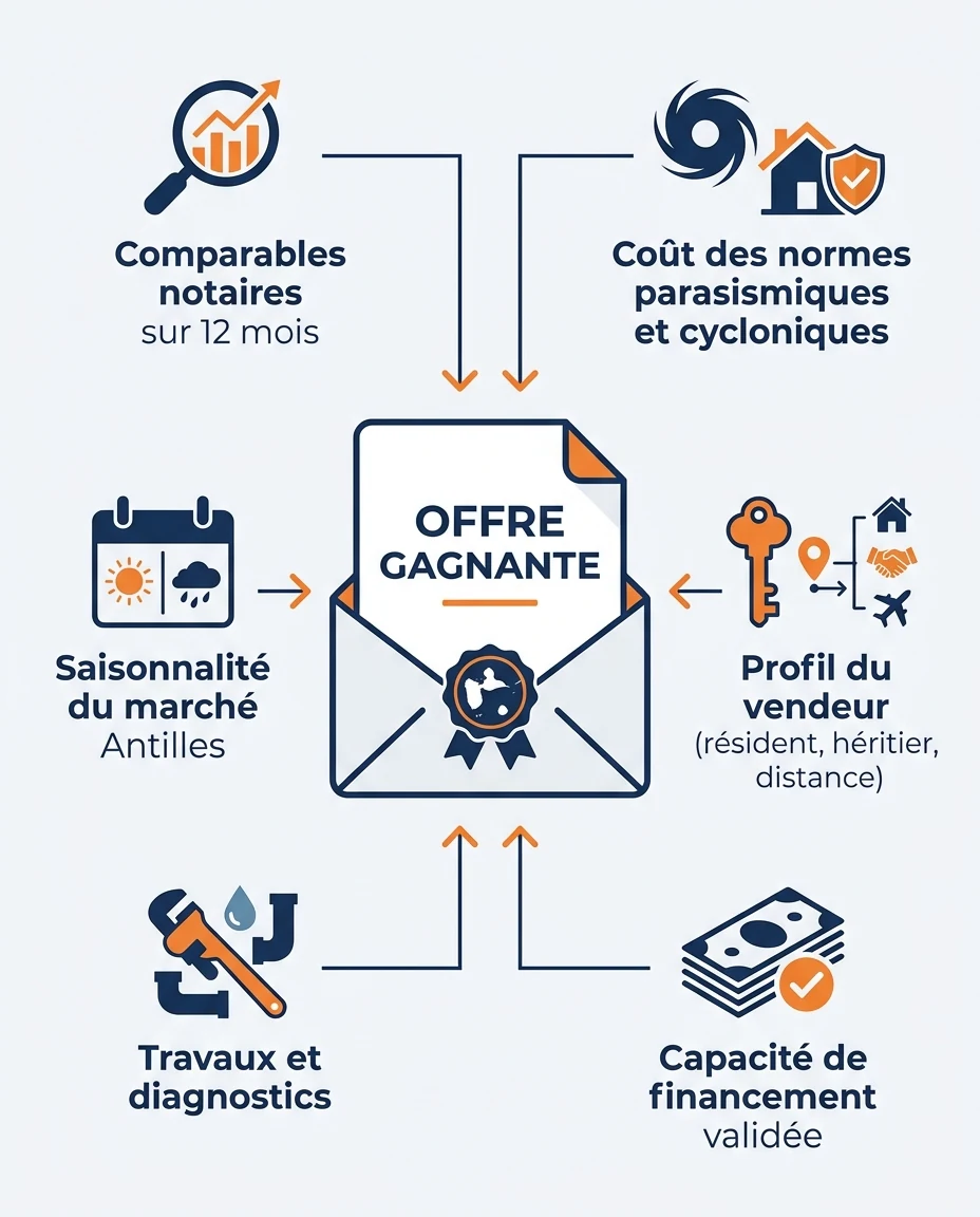 Infographie illustrant : Infographie horizontale 'Anatomie d'une offre de négociation gagnante en Guadeloupe', format paysage. Au centre, une env. Article Mouve