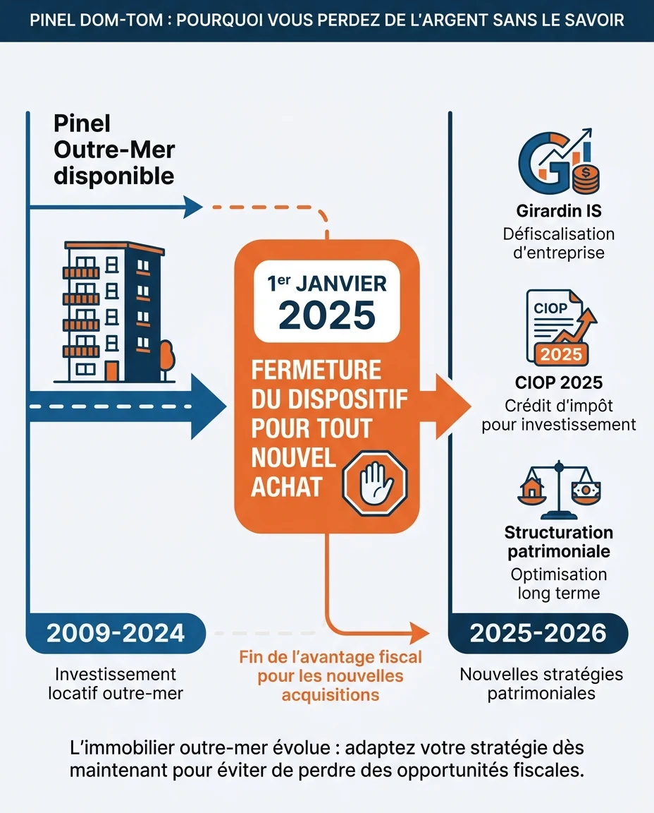 Infographie illustrant : Frise chronologique pédagogique en français illustrant la fin du Pinel Outre-Mer. À gauche, période 2009-2024 'Pinel Out. Article Mouve
