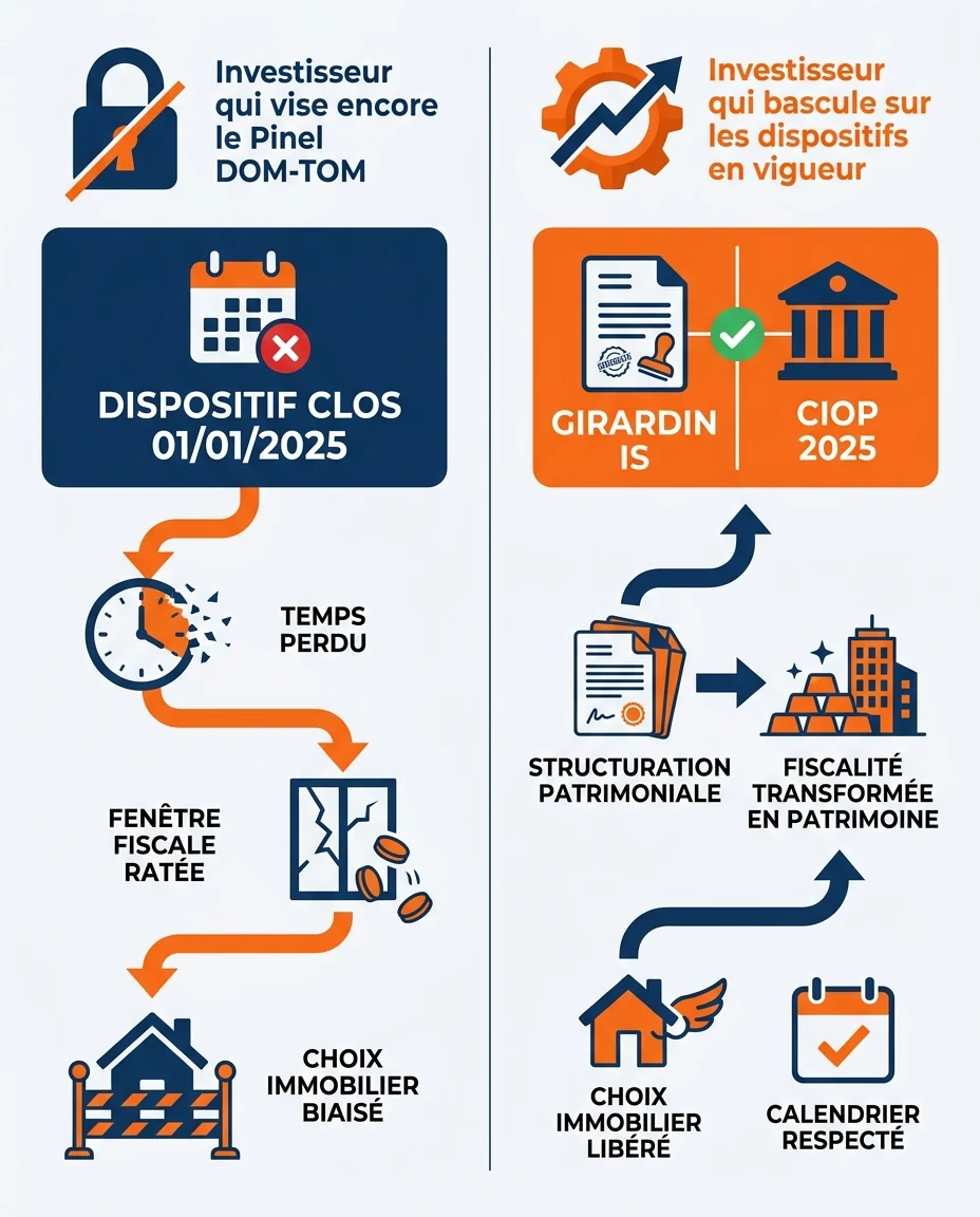 Infographie illustrant : Schéma comparatif visuel en deux colonnes, sans aucun chiffre d'économie d'impôt. Colonne gauche 'Investisseur qui vise . Article Mouve