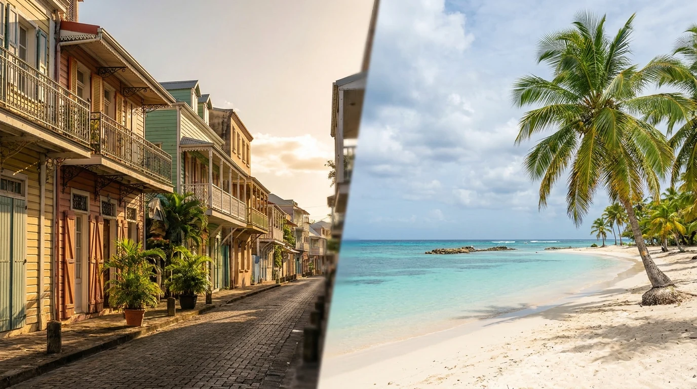 Comparaison visuelle entre Pointe-à-Pitre urbaine et Sainte-Anne balnéaire — illustration du duel d'investissement guadeloupéen.